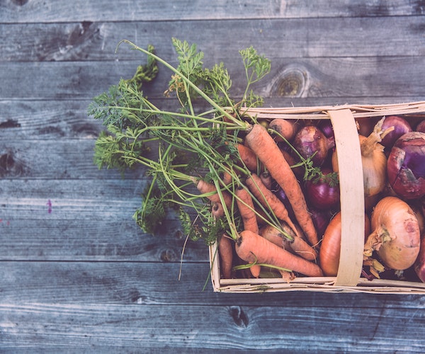 A basket of organic root vegetables on a wood plank floor.