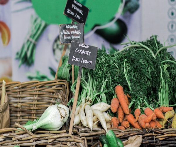 Organic carrots and parnips on display at the farmers' market.